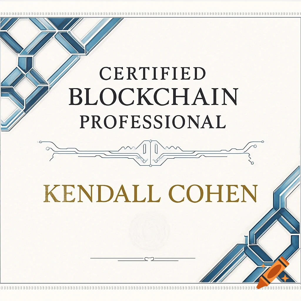 A white professional certificate for 'Certified Blockchain Professional' with Kendall Cohen's name, featuring blue geometric corner designs.