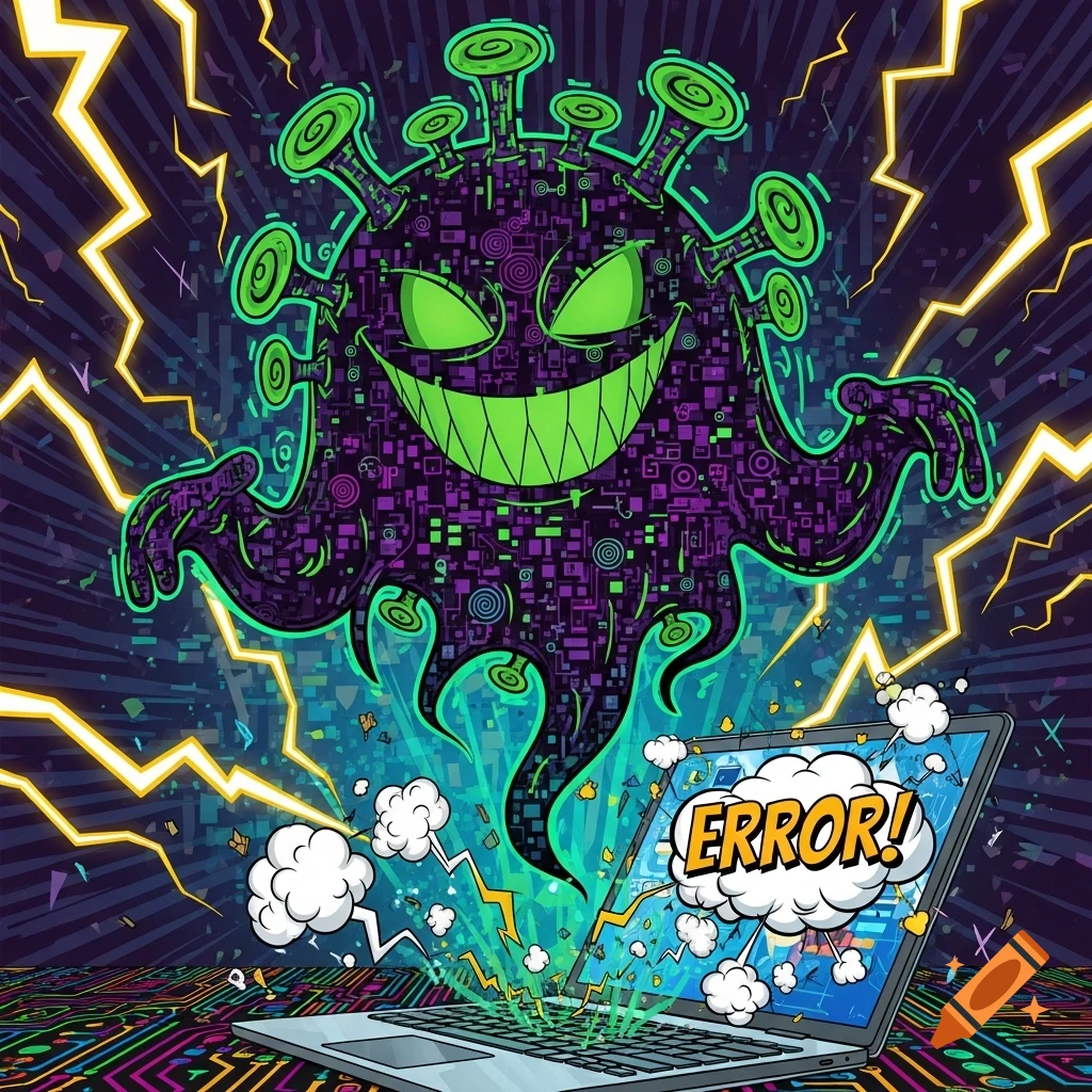 A vibrant, menacing purple and green cartoon virus with sharp teeth and swirling patterns hovers over a laptop displaying "ERROR!" in a comic book style, surrounded by lightning.