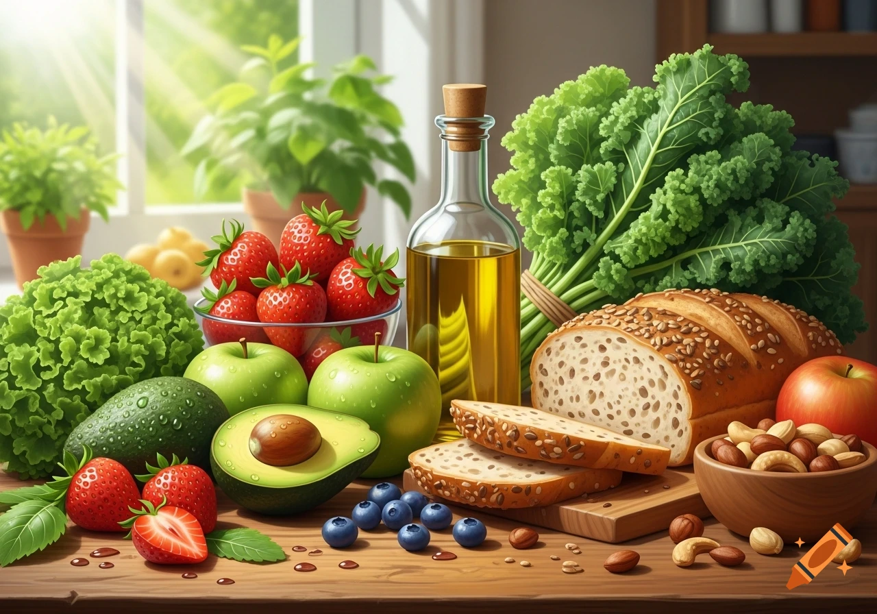 A vibrant still life of healthy foods including strawberries, green apples, avocado, lettuce, kale, whole grain bread, olive oil, and nuts on a wooden table.
