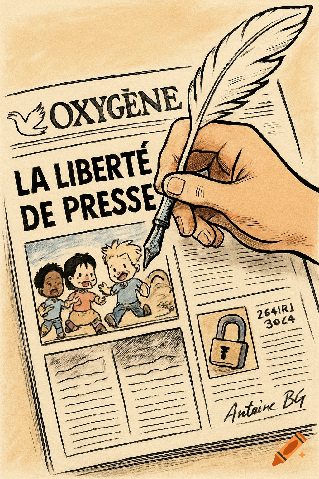 An illustration of a hand holding a quill, writing on a newspaper titled "Oxygène" with the headline "La Liberté De Presse". Below the headline, a picture shows three diverse children playing, and another box features a padlock. The style is like a French press cartoon.