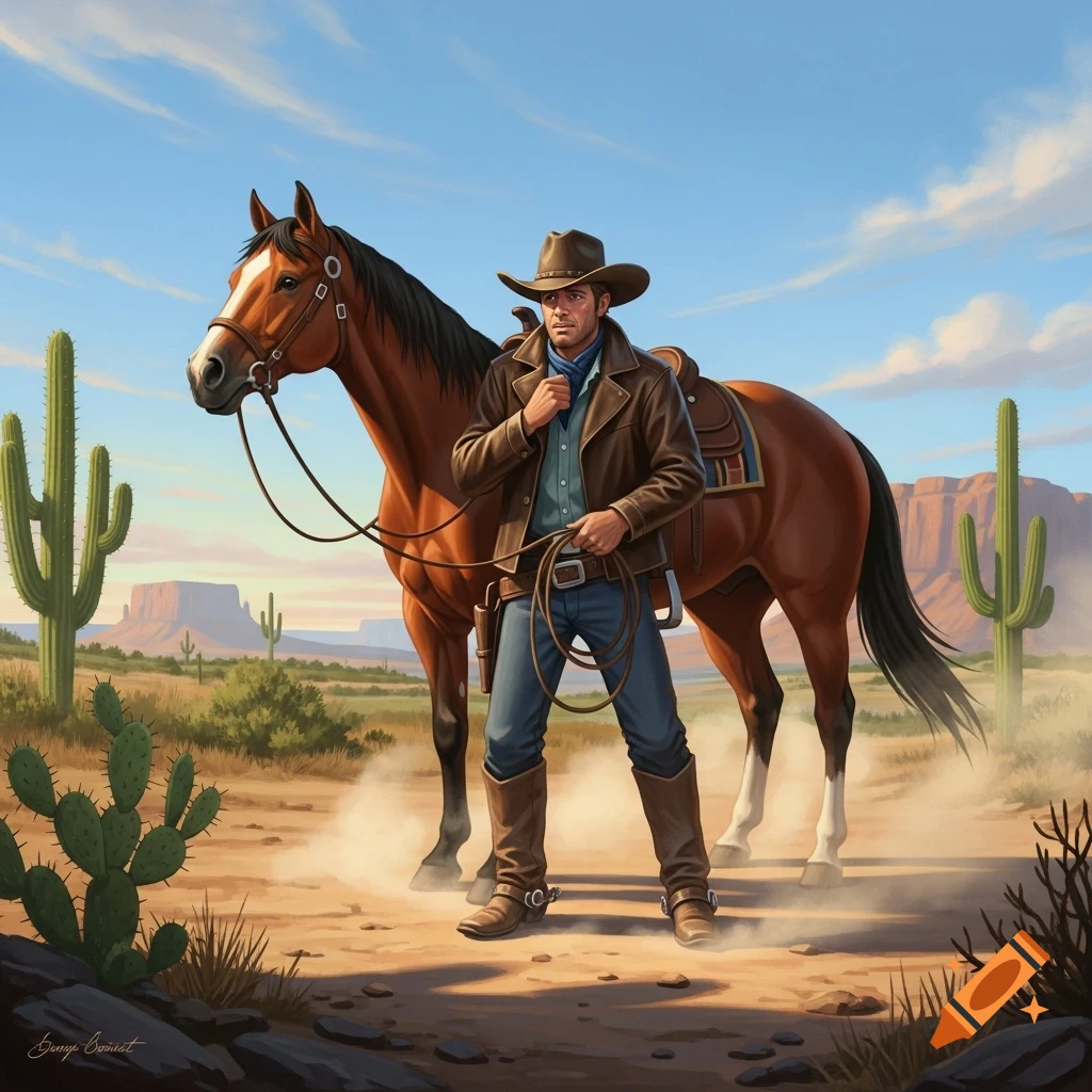 An illustrated cowboy in a brown jacket and hat stands next to his horse in a dusty desert landscape with cacti and mesas under a blue sky.