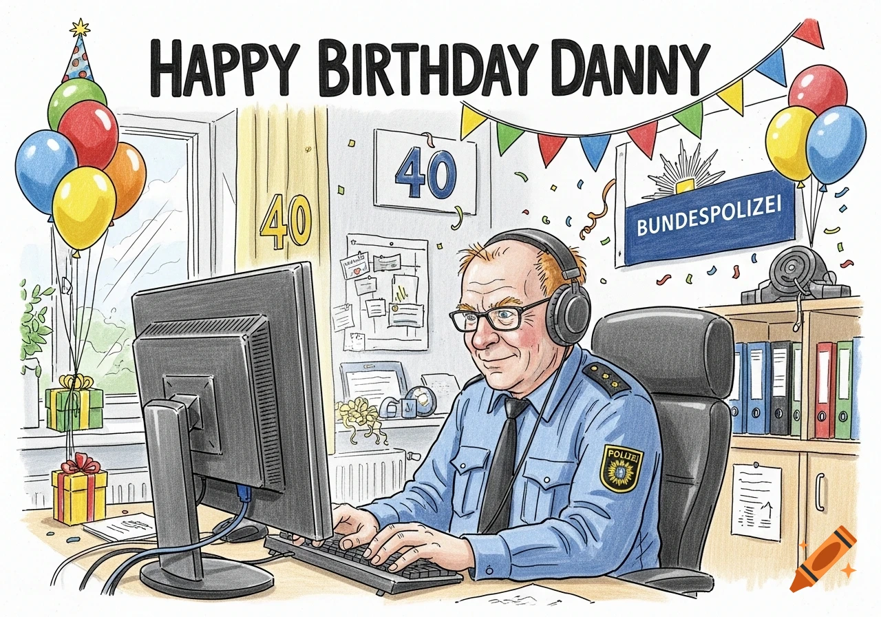Cartoon of a police officer with headphones at a computer, surrounded by birthday decorations, with 'Happy Birthday Danny' text.