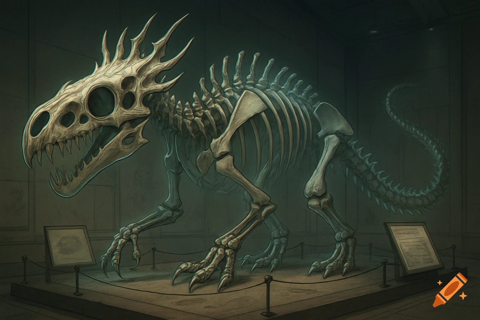 A skeletal diagram of a fake dinosaur with large claws and horns displayed in a dark museum with info plaques.