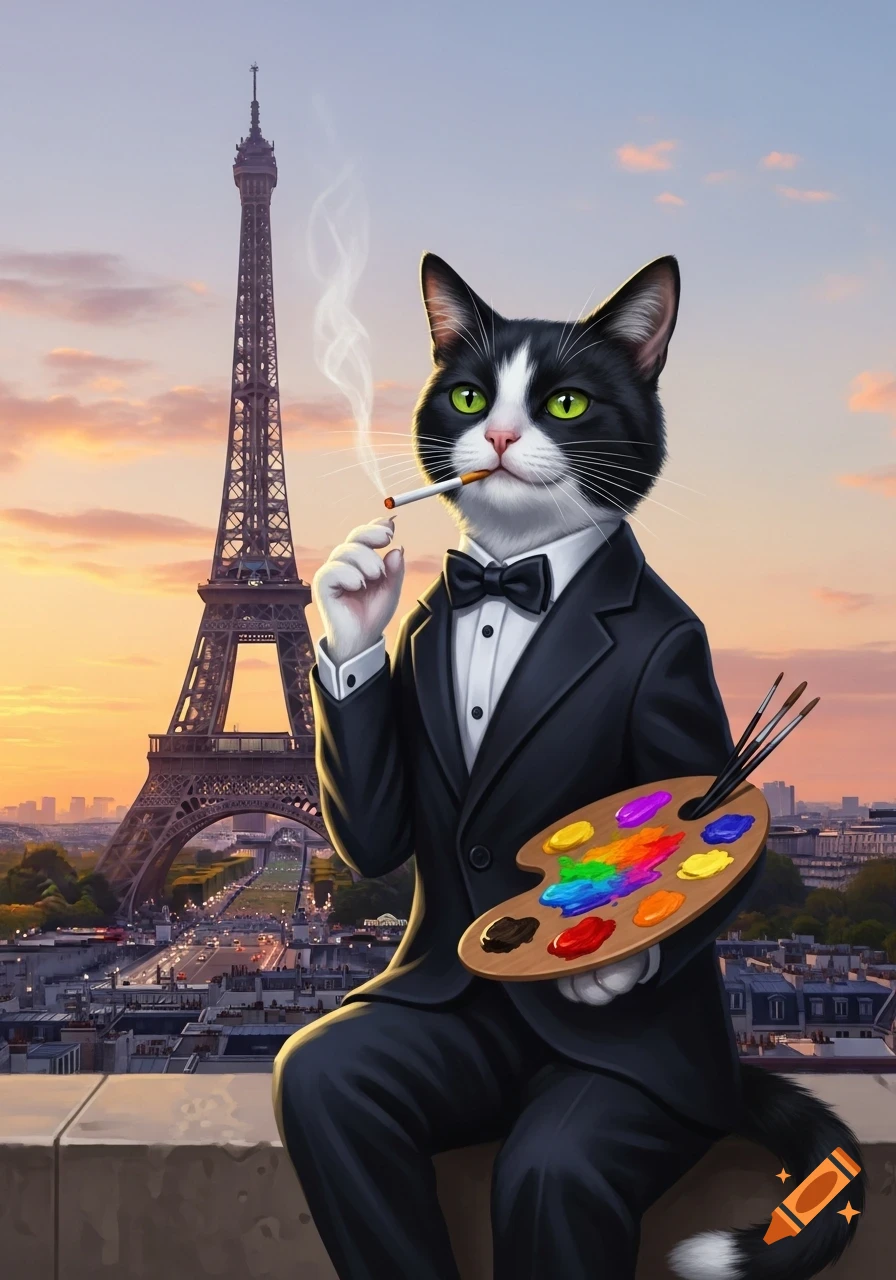 A tuxedo cat holds a paint palette and a smoking cigarette, sitting on a ledge with the Eiffel Tower and Paris skyline at sunset.