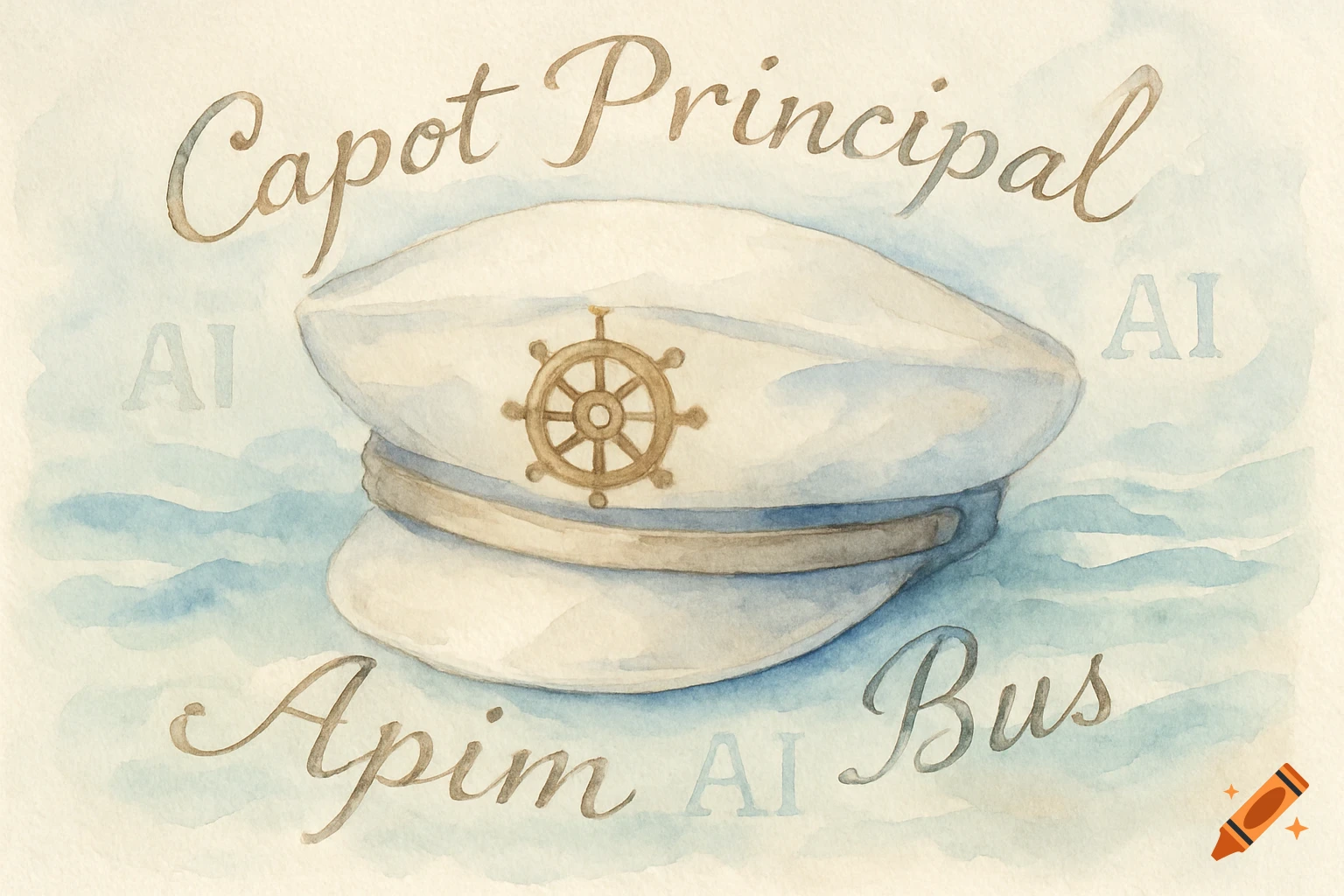 Watercolor illustration of a white captain's hat with a brown ship's wheel emblem, surrounded by the words "Capot Principal" and "Apim Bus" and "AI" text, set against a light blue wavy background.