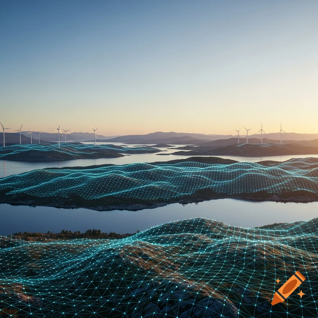 Futuristic Nordic landscape at sunset with glowing blue network lines on hills and wind turbines by serene lakes.