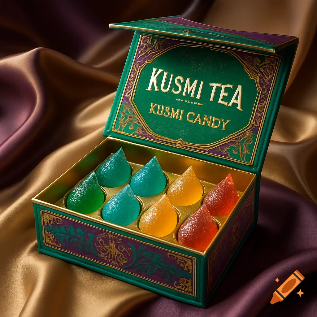A luxurious green box of Kusmi Tea candies contains six colorful teardrop-shaped jellies on a satin background.