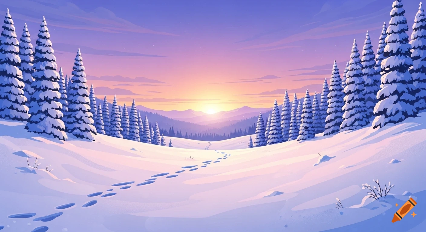 Digital illustration of a serene winter landscape at sunset with snow-covered pine trees and footprints in the snow.