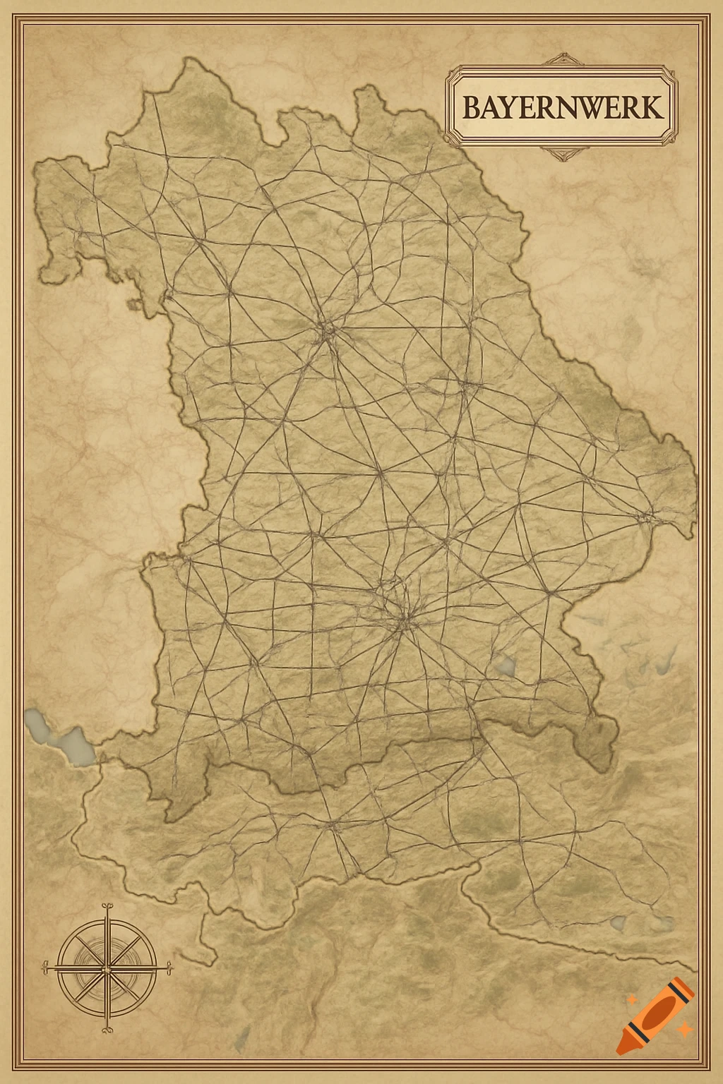 A vintage-style map of Bavaria, Germany, depicting a power grid network on aged paper, with 'BAYERNWERK' title.