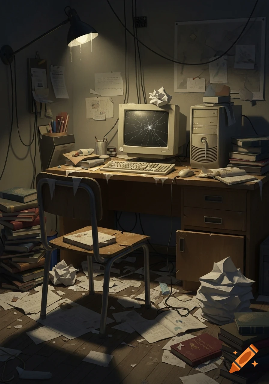 A dark, chaotic room with a cluttered wooden desk, a broken CRT computer monitor, and papers strewn everywhere under a single lamp.