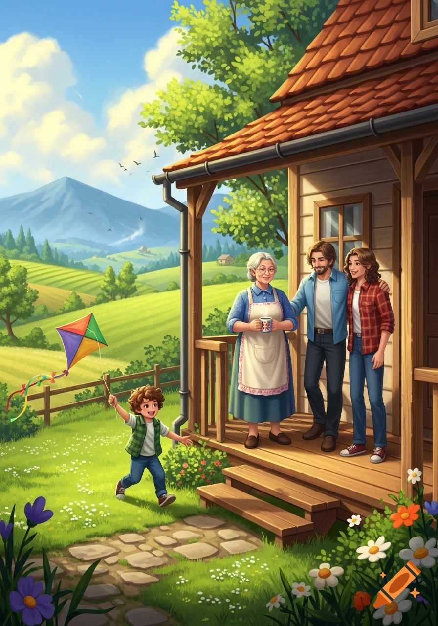 Stylized illustration of a family on a rural house porch, a child plays with a kite in a field with mountains in the background.