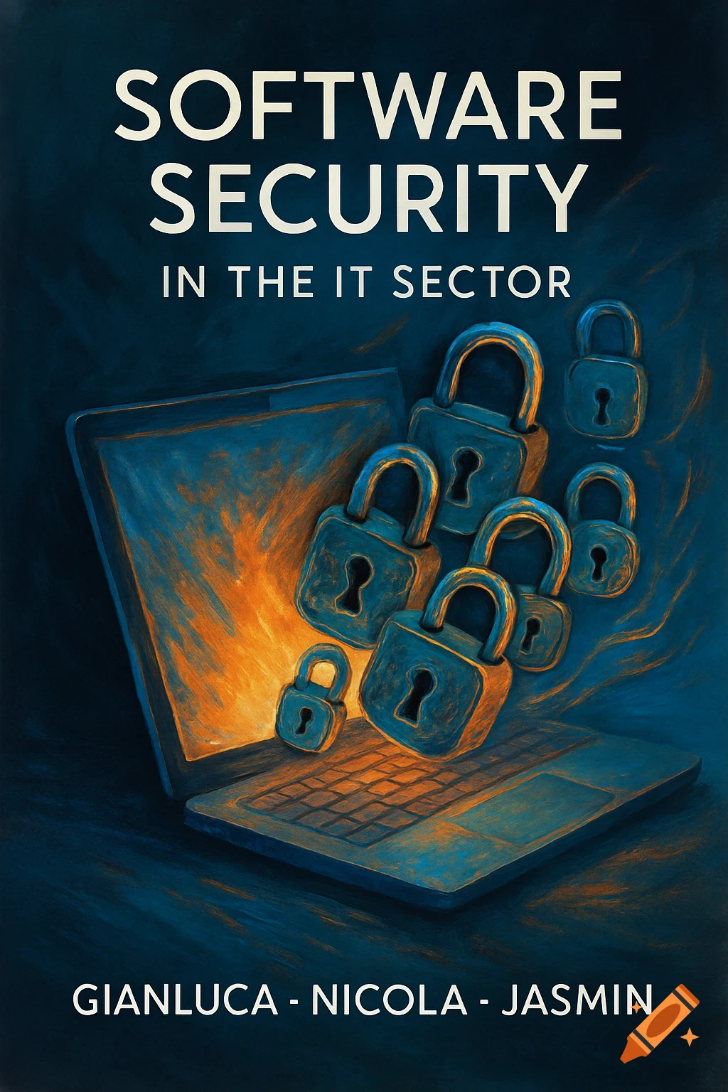 Stylized book cover for 'Software Security in the IT Sector' with blue and orange, featuring a laptop and many padlocks.
