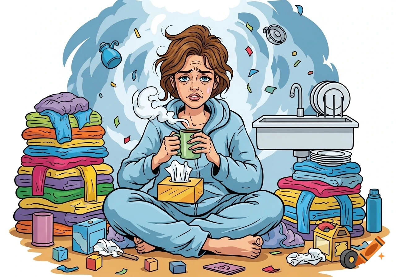 A tired woman in pajamas sits overwhelmed by household chaos, surrounded by laundry, dirty dishes, and clutter, holding a cup and tissue box. Comic style.