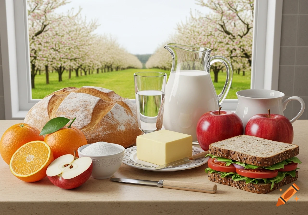 A photorealistic still life of a breakfast spread on a table, including bread, milk, butter, apples, oranges, and a sandwich, with a flowering orchard visible through a window.