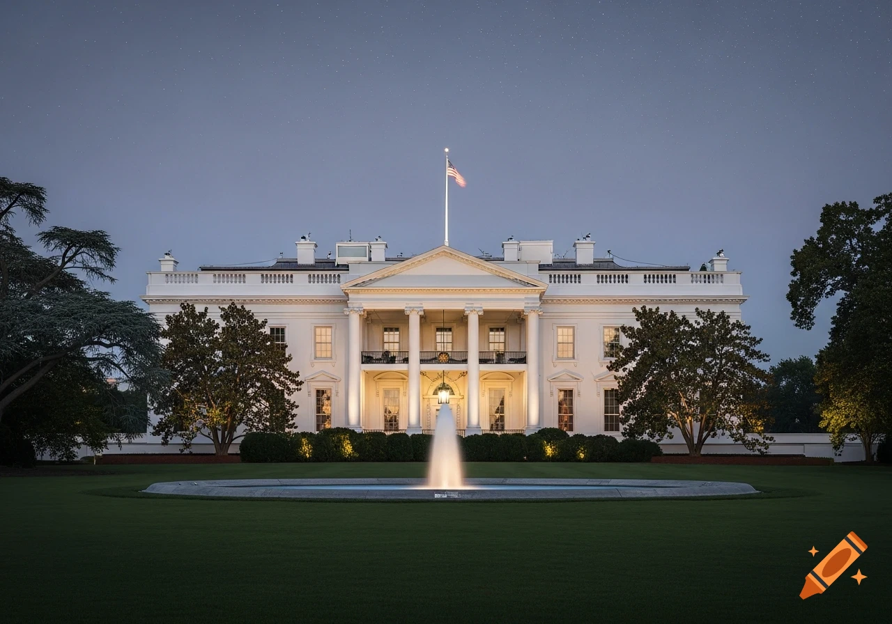 The White House at twilight, illuminated, with a fountain and lawn in the foreground, under a starry sky.