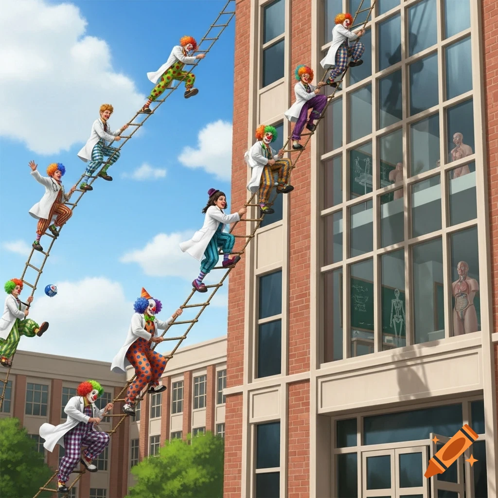 Clown-dressed and lab-coated medical students descend a brick building via rope ladders, a whimsical illustration.