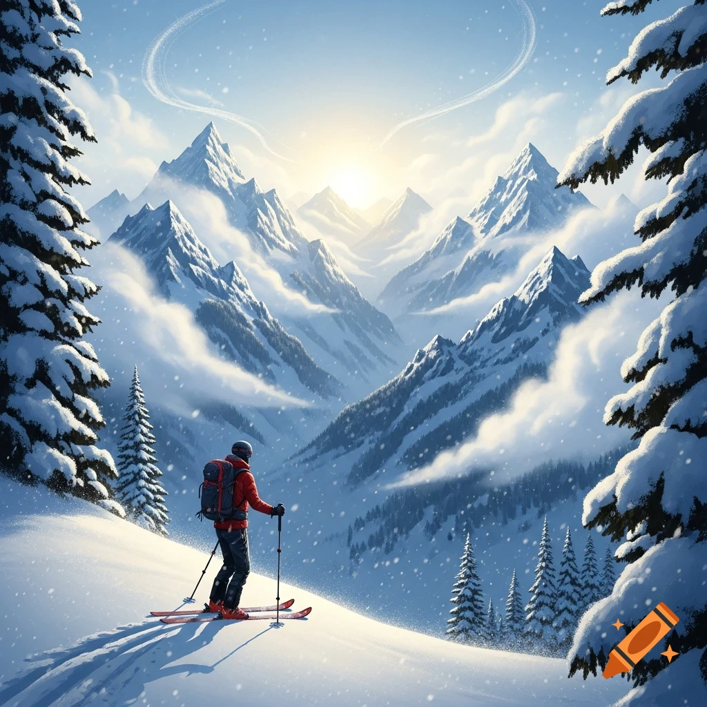 A ski tourer in a red jacket stands on a snowy mountain slope, facing a vast alpine landscape at sunrise with falling snow.