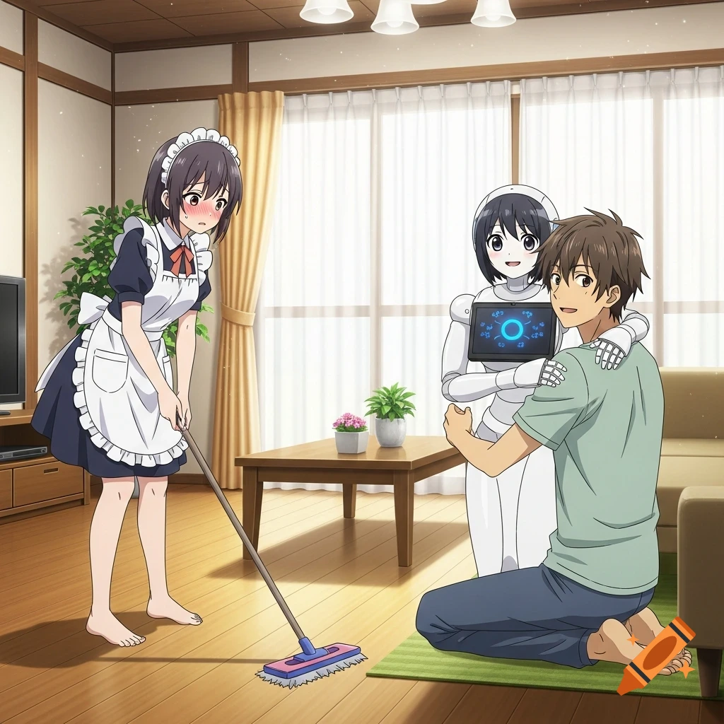 An embarrassed anime maid cleans a living room floor while a cheerful robot woman hugs a man.