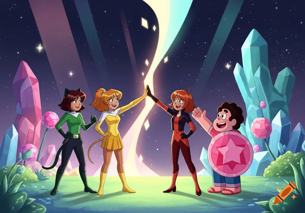 Cartoon characters Sam, Alex, Clover, and Steven Universe high-fiving in a vibrant fantasy landscape with glowing crystals under a starry sky.