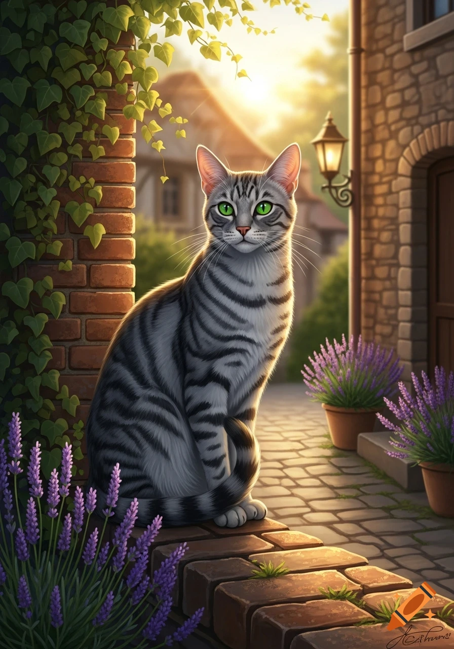 A photorealistic gray tabby cat with striking green eyes sits on a ...