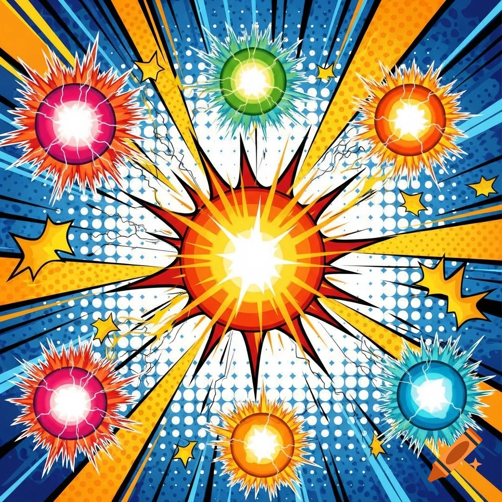 A vibrant comic art illustration of multiple colorful spiky explosions and energy bursts on a blue and yellow background.