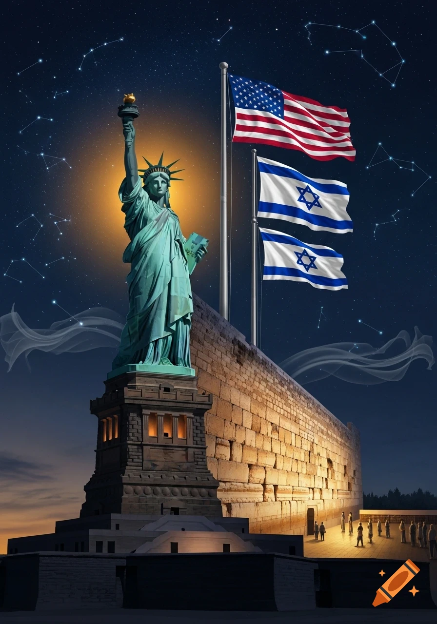 Statue of Liberty next to US and Israeli flags, a stone wall with people below, against a starry night sky.