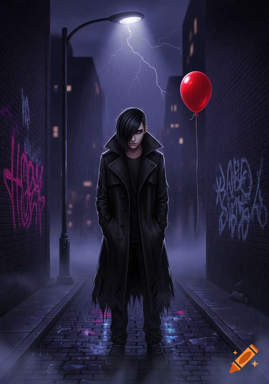 An emo person with black hair and a trench coat stands in a dark, rainy alley under a streetlamp with a red balloon.