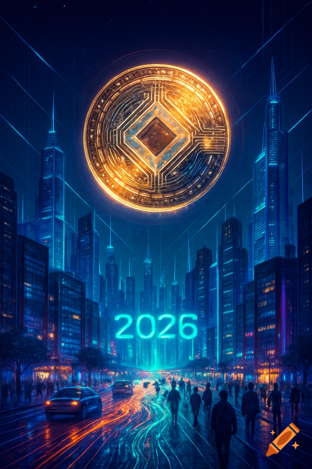 A futuristic cityscape at night with glowing blue and orange lights, a large crypto coin above skyscrapers, and the numbers 2026.