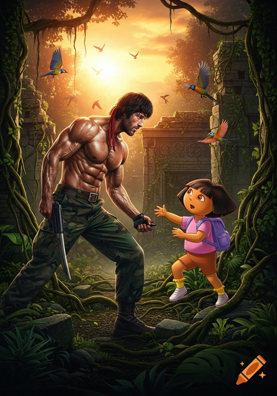 Muscular Rambo holding a knife faces a small Dora the Explorer in a lush jungle with ancient ruins and flying birds at sunset.