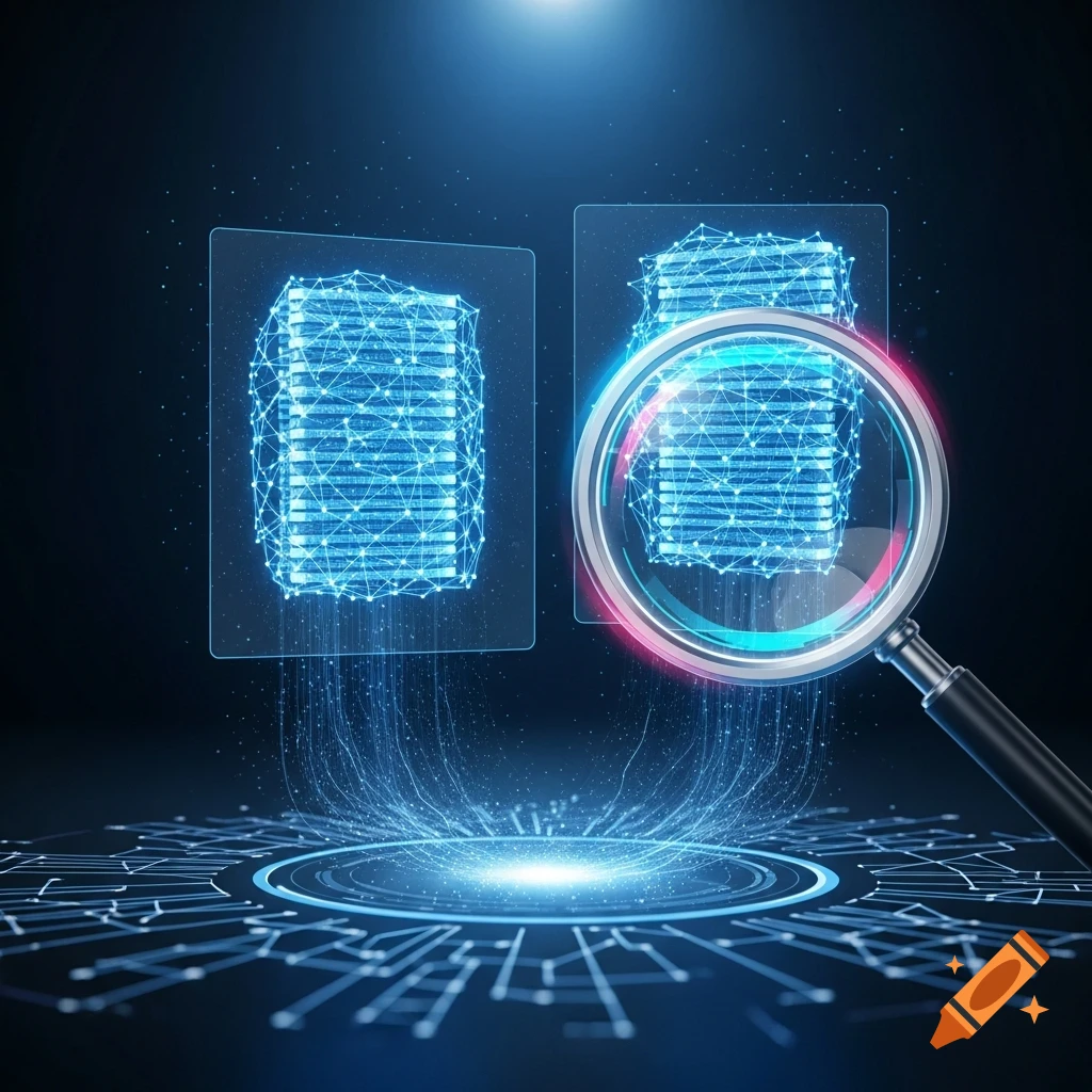 A magnifying glass examining two glowing blue abstract datasets composed of interconnected lines and dots, above a luminous circular circuit pattern on a dark background.