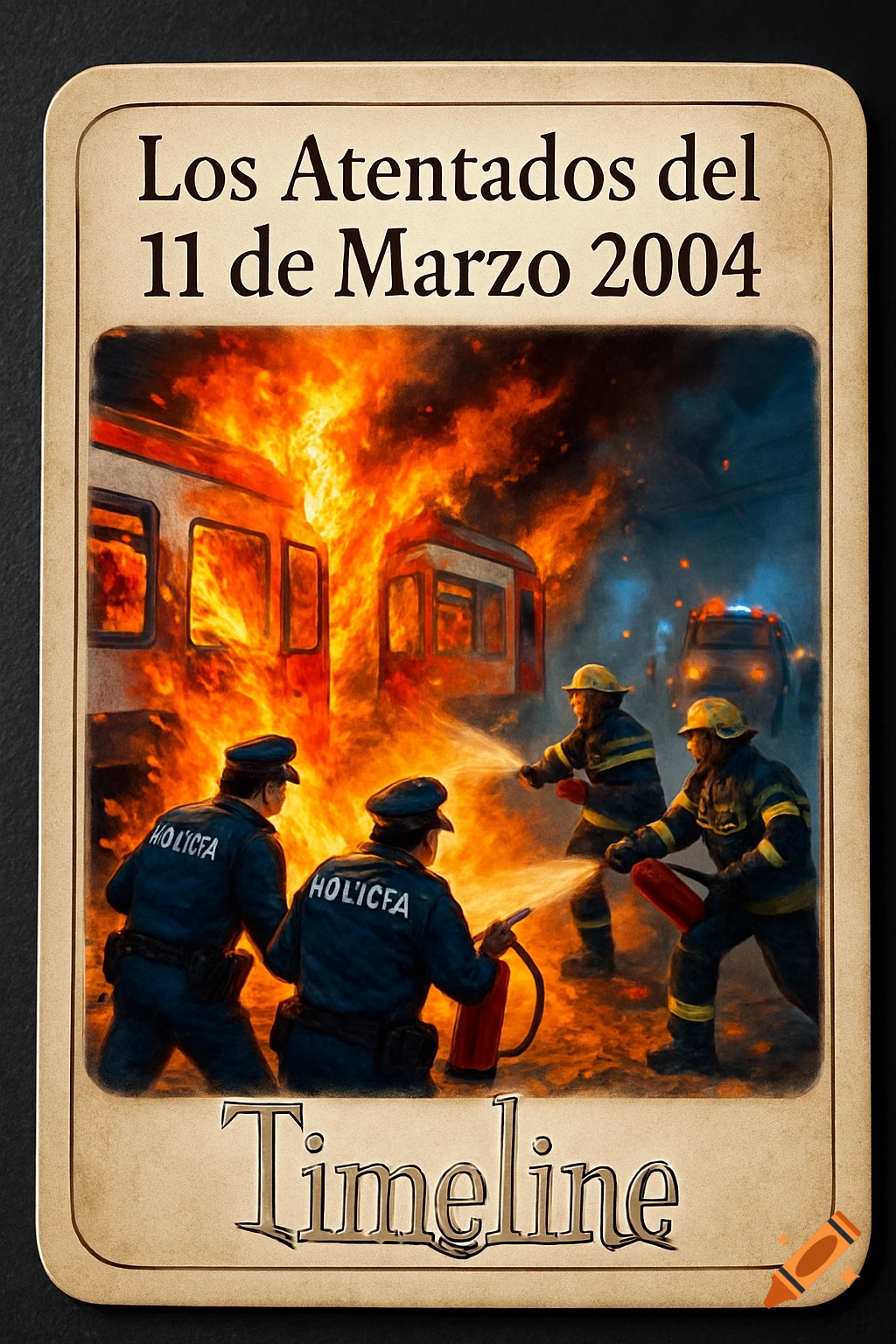 A stylized game card depicting trains engulfed in a massive fire, with police officers and firefighters battling the blaze. Text reads "Los Atentados del 11 de Marzo 2004" and "Timeline".