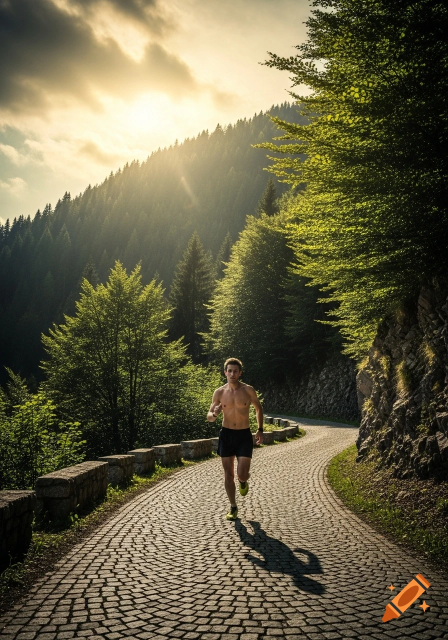 Photorealistic image of a shirtless man running on a winding cobblestone mountain road through a sunlit forest.