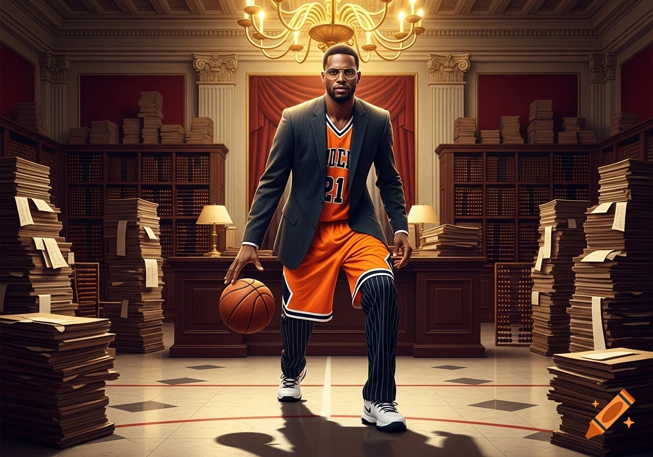 A man in a suit jacket and orange basketball jersey dribbles a ball in a grand office surrounded by stacks of papers.