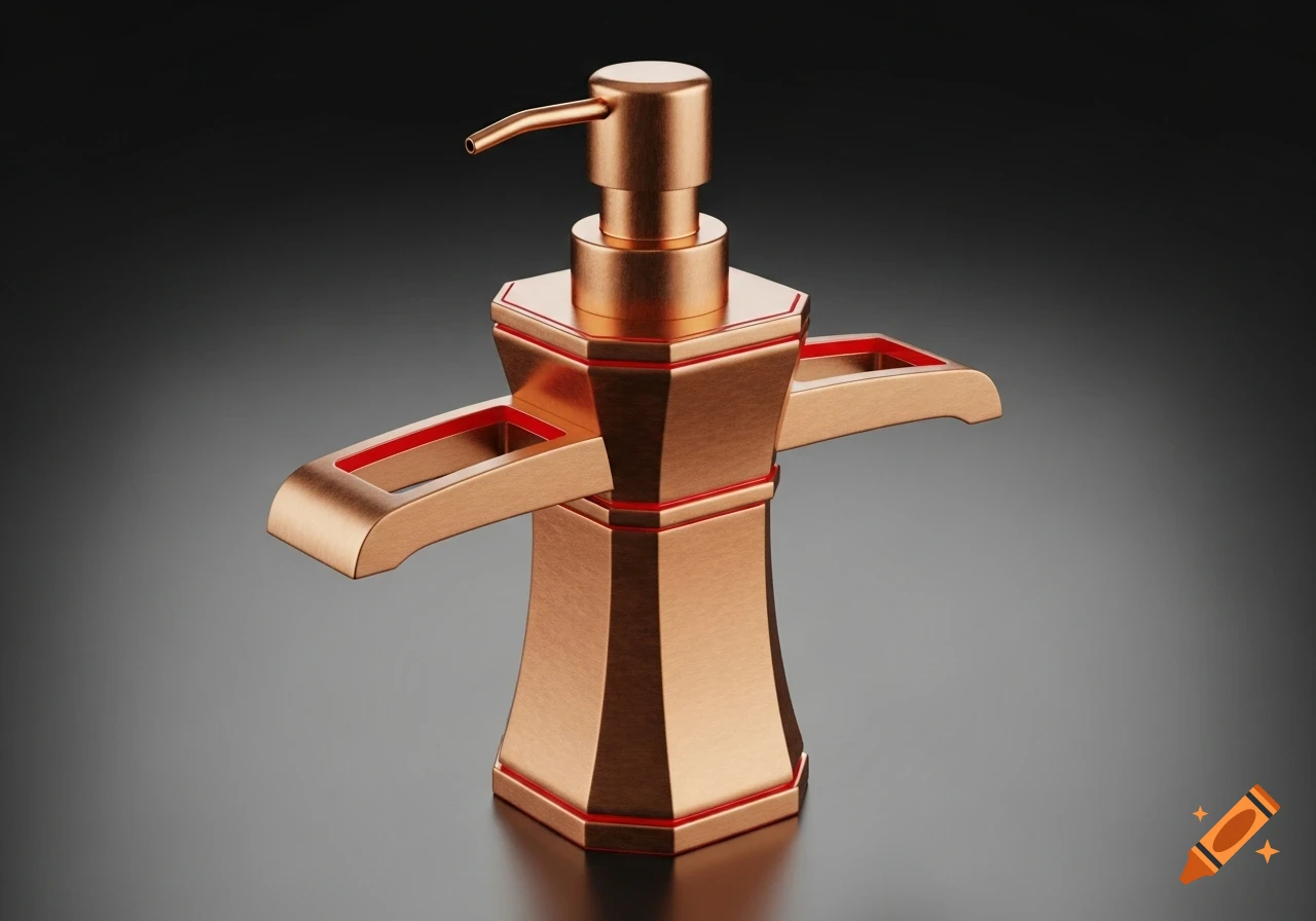 A copper soap dispenser with red accents, designed like two inverted Japanese octagonal knife handles, on a dark gradient background.