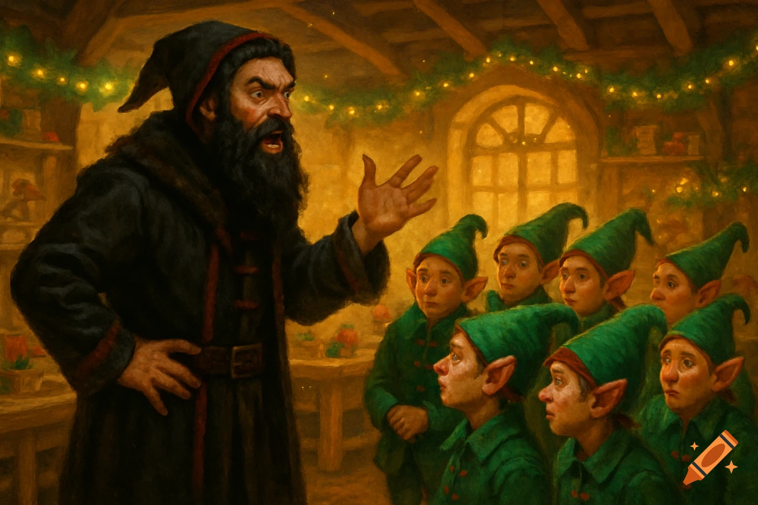 A stern, bearded man in a dark coat, resembling P hre Fouettard, gestures while speaking to a group of young elves in green tunics in a festive, warm-lit workshop.