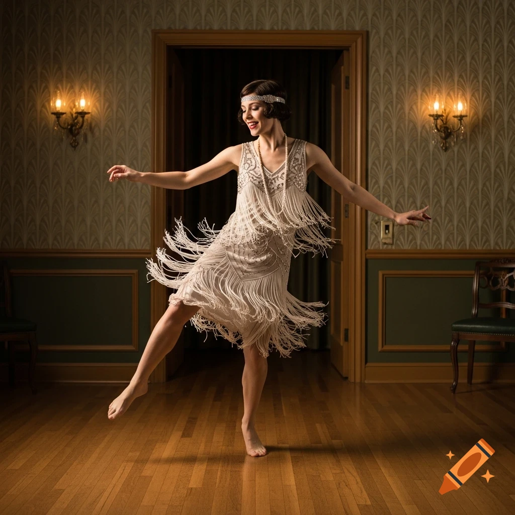 A smiling 1920s flapper woman dances barefoot in an elegant room, wearing a beaded fringe dress.