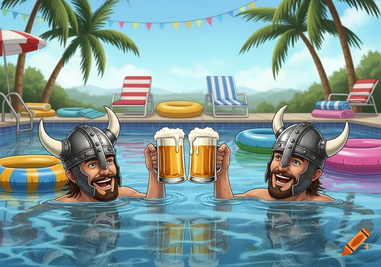 Two cartoon men in Viking helmets and beards in a swimming pool, clinking beer mugs. Palm trees, lounge chairs, and inflatables are in the background.