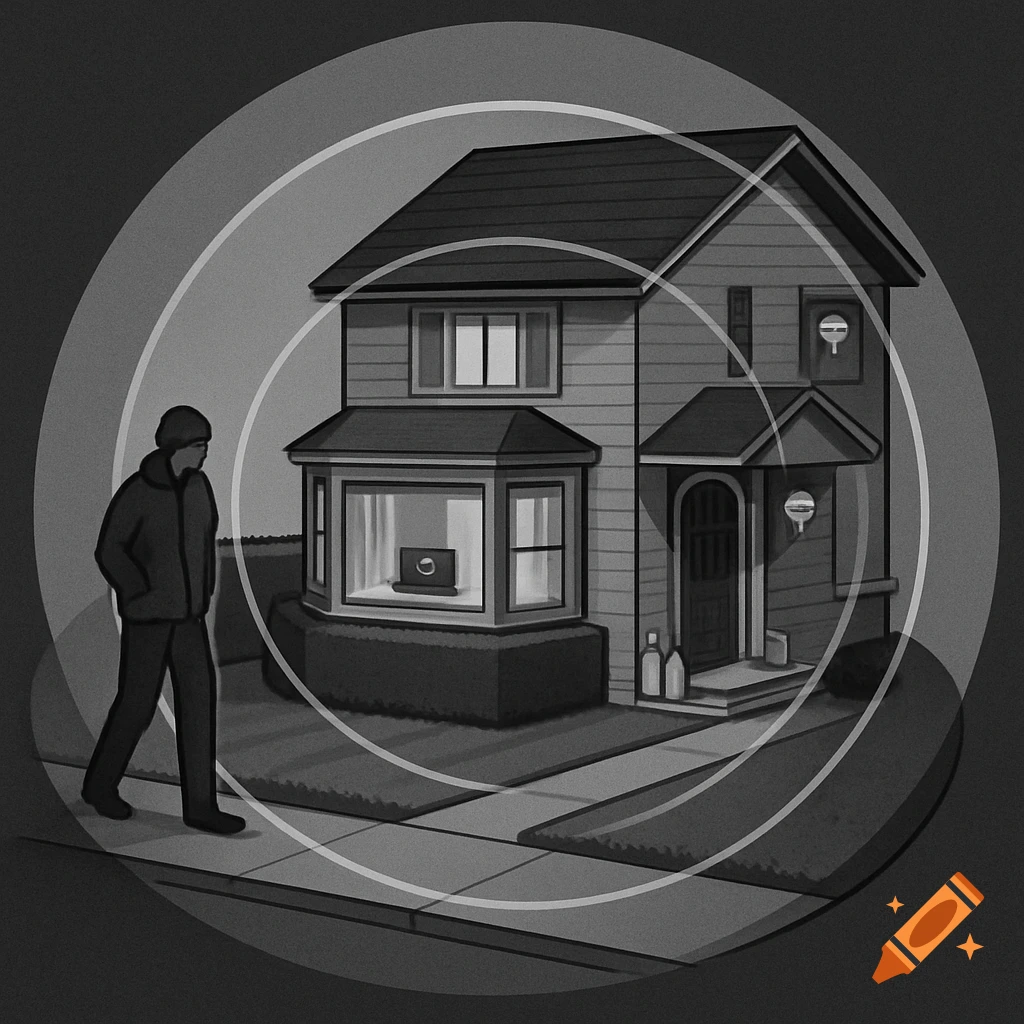 Grayscale illustration of a house with a person walking by, concentric circles, milk bottles on porch, and laptop in window.