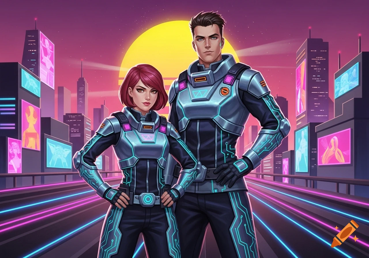 A man and a woman in glowing futuristic uniforms stand in an 80s-style cyberpunk city at sunset, rendered in an anime style.