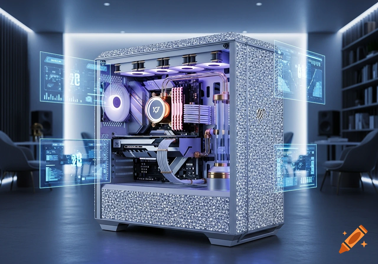 A luxurious, custom-built computer with a diamond-encrusted case, glowing RGB lights, liquid cooling, and holographic displays in a modern room.