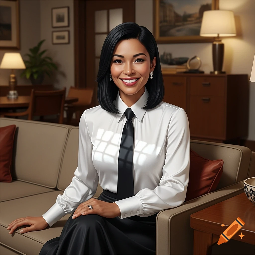 A smiling woman with black hair, wearing a white blouse and black tie, sits on a couch in a well-lit living room.