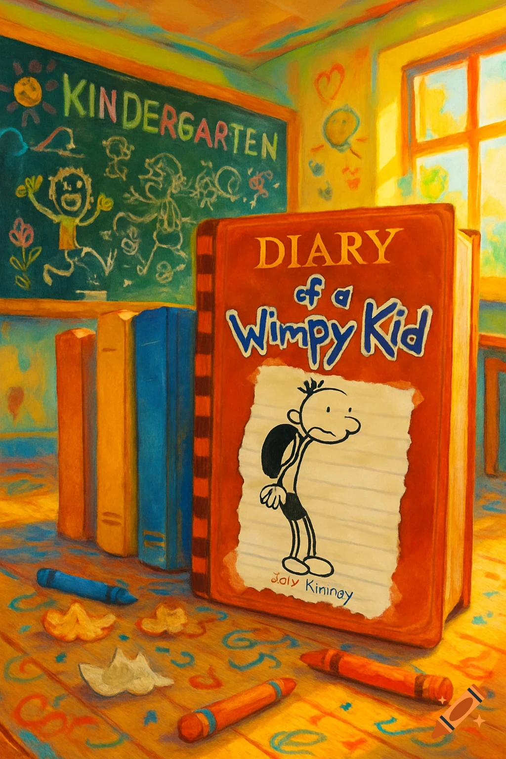 An oil painting of a "Diary of a Wimpy Kid" book standing upright on a wooden floor in a colorful kindergarten classroom, with crayons and other books nearby.