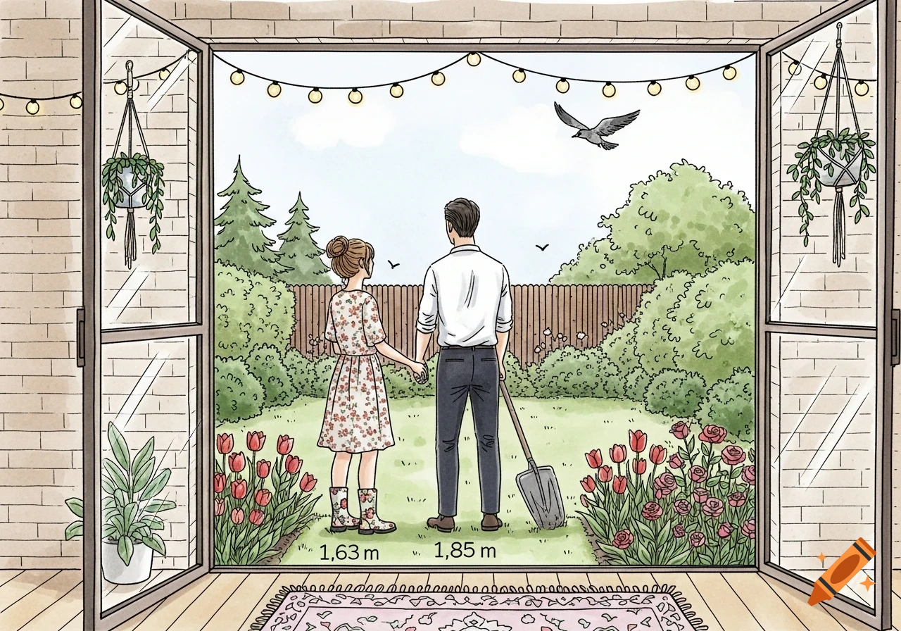 Illustrated view of a couple (woman 1.63m, man 1.85m) holding hands in a lush garden with tulips and roses, seen through open glass doors.