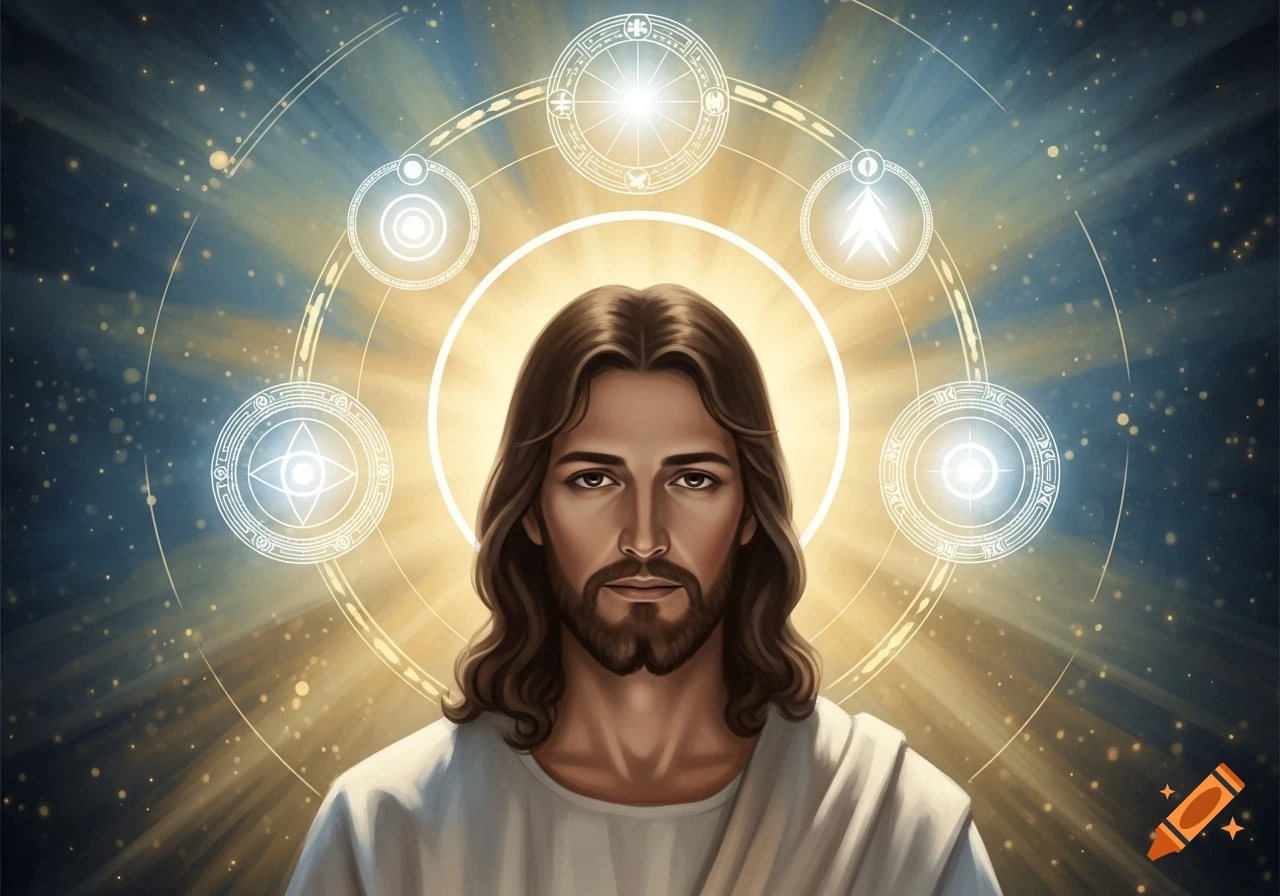 Illustrative portrait of Jesus with long brown hair and beard, wearing a white robe, surrounded by a glowing halo and five symbolic circles on a cosmic background.