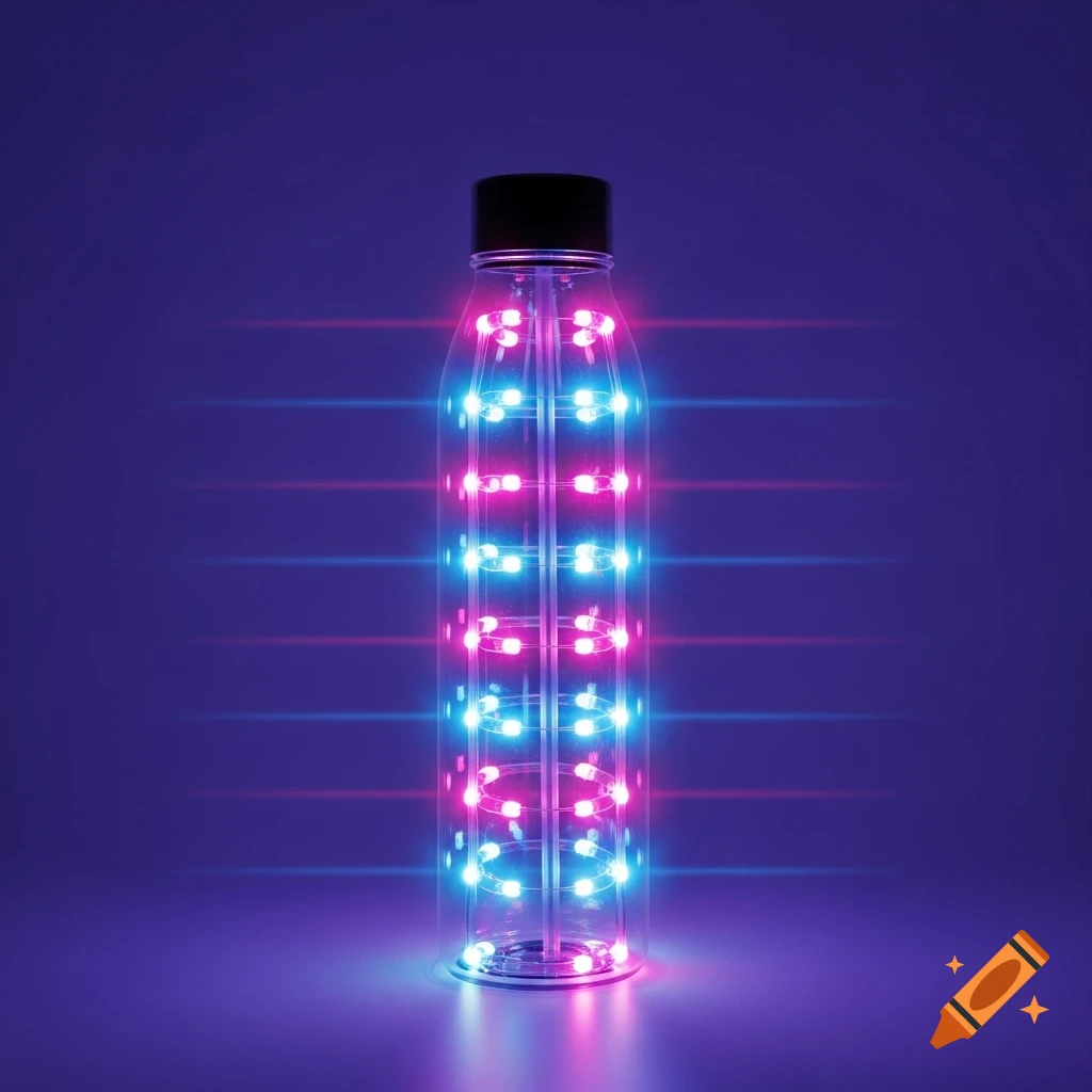 A clear water bottle is filled with alternating blue and pink LED lights, emitting a vibrant glow against a purple background.
