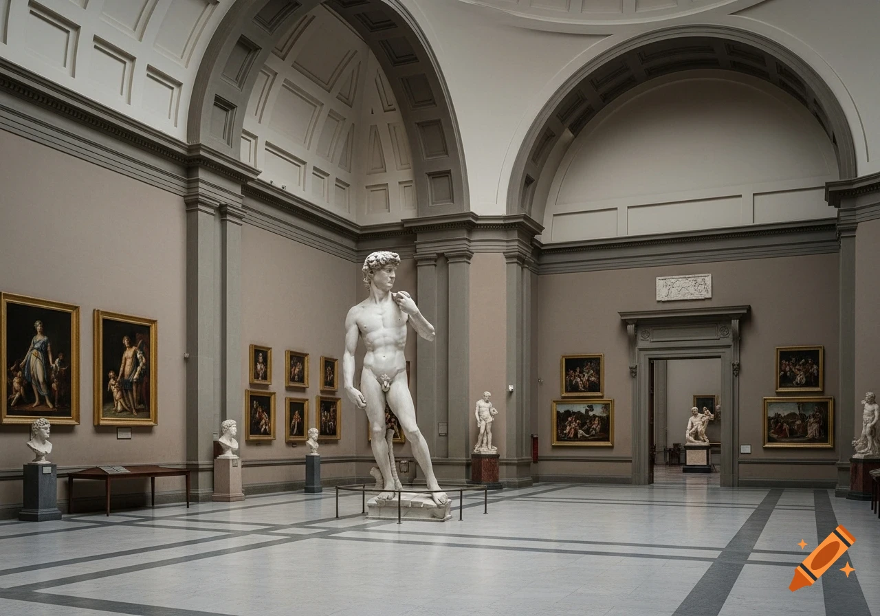A grand museum hall with a large marble statue of David at its center, surrounded by classical paintings and sculptures under vaulted ceilings.