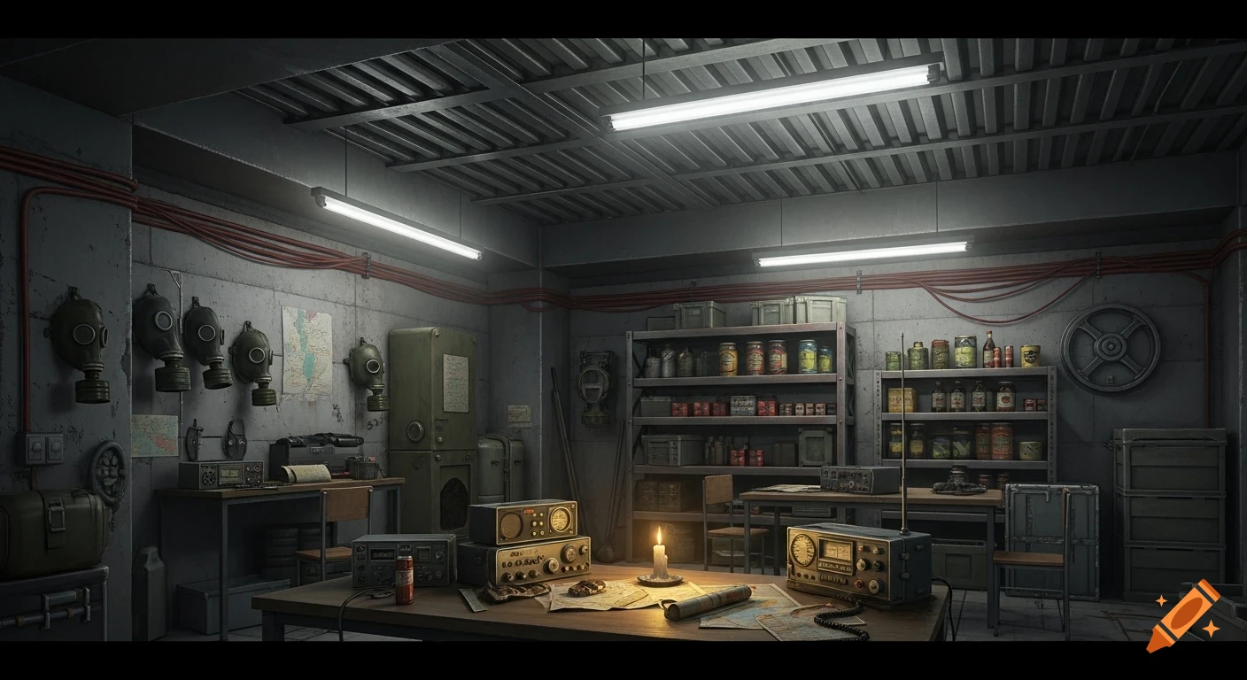 An underground apocalyptic bunker room with gas masks, shelves of canned goods, radio equipment, maps, and a lit candle on a table.