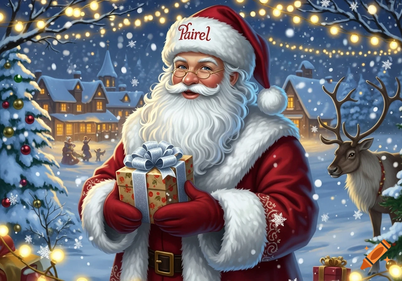 Santa Claus smiles in a snowy village, holding a gift, with a reindeer and festive lights under falling snow.