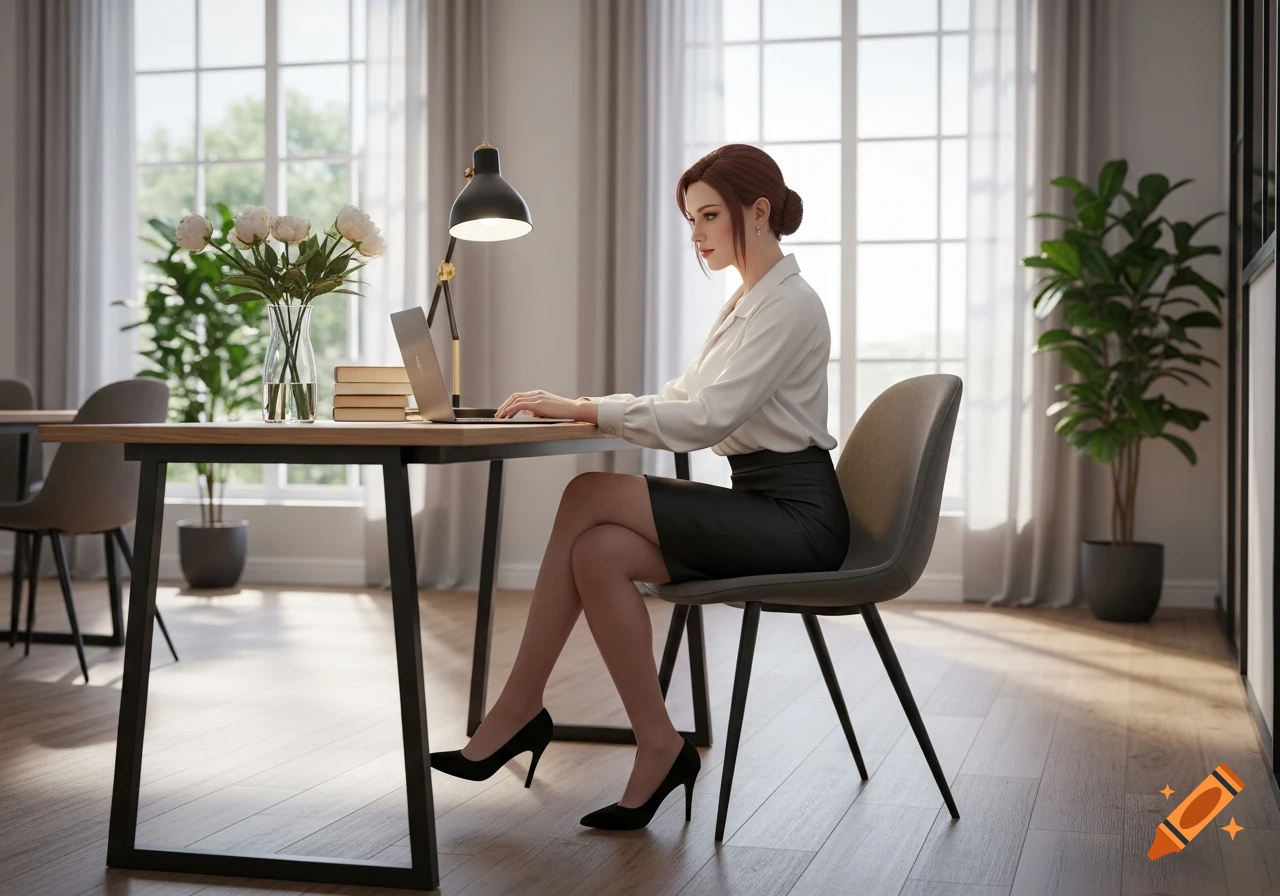 A photorealistic image of a woman with auburn hair in a bun, wearing a white blouse and black pencil skirt, working on a laptop at a desk in a bright, modern office with large windows and plants.