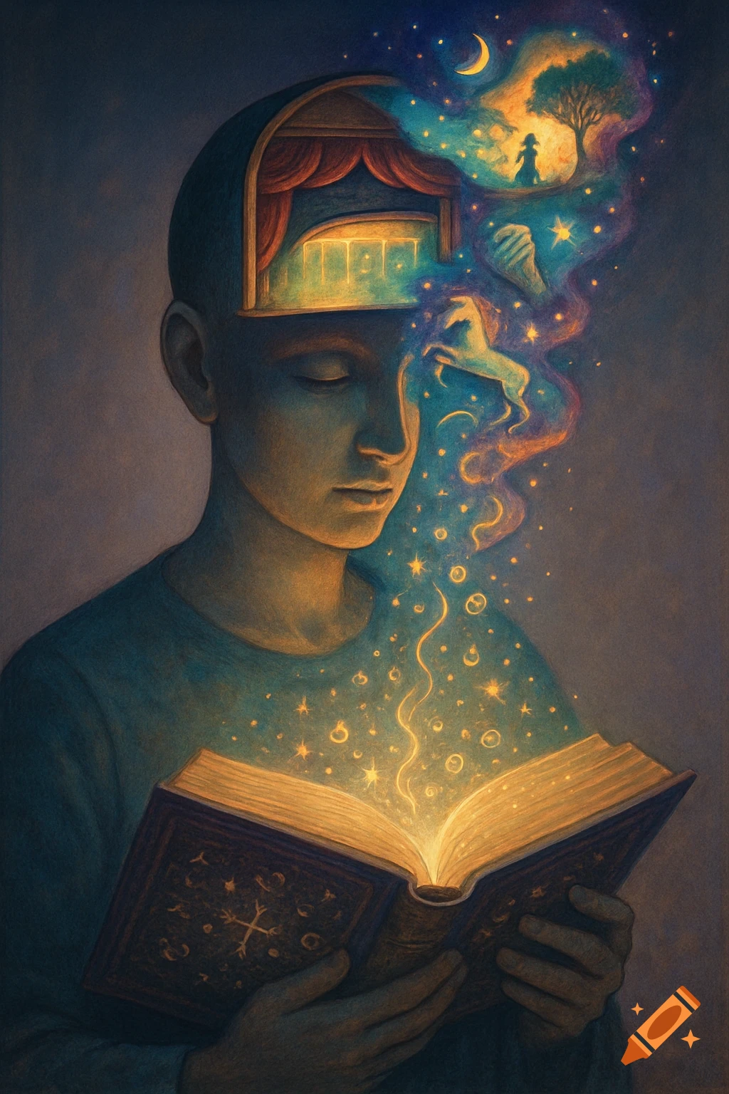 A person with closed eyes holds an open book glowing with magical light. Fantastical elements, including a stage, a crescent moon, a tree, a silhouetted figure, a hand, and a unicorn, emerge from their open head as if from a dream.